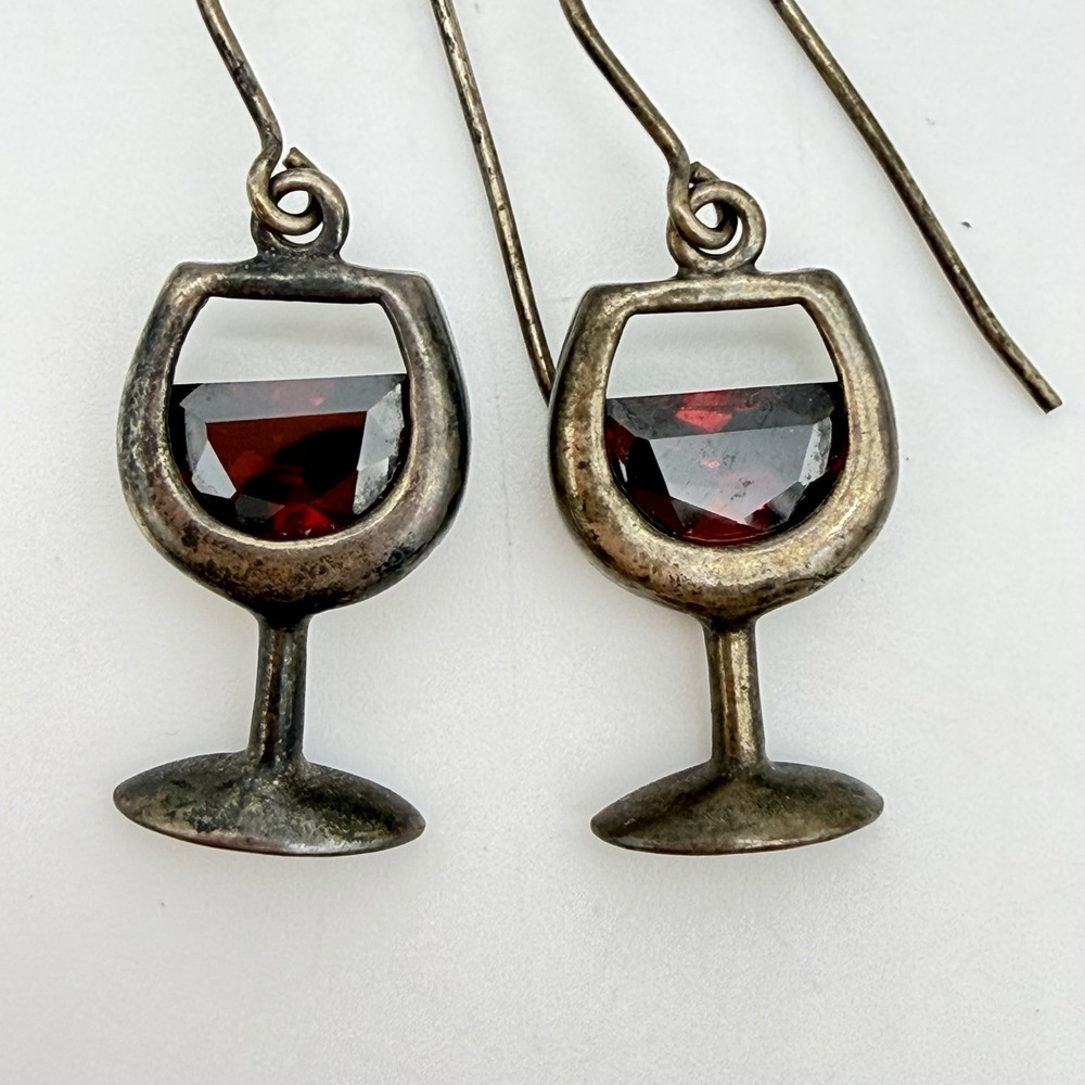 Vtg Silpada Sterling Silver Red Wine Glass Earrings Dangle Drop Crystal Marked